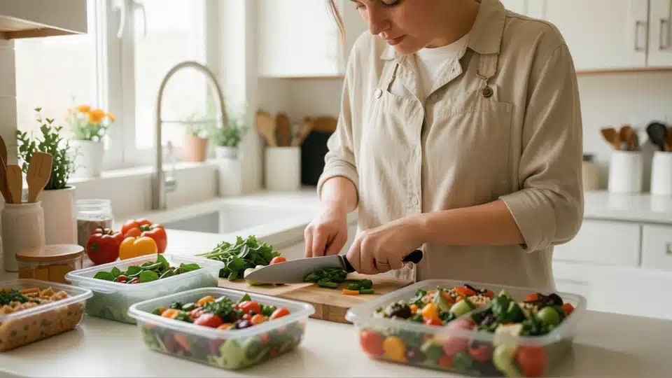 A woman meal prepping healthy homemade food in a bright kitchen with fresh vegetables and containers.