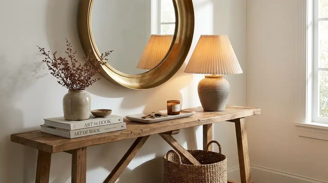 Farmhouse entryway vignette with a rustic console table, round mirror, table lamp, woven basket, and neutral decor.