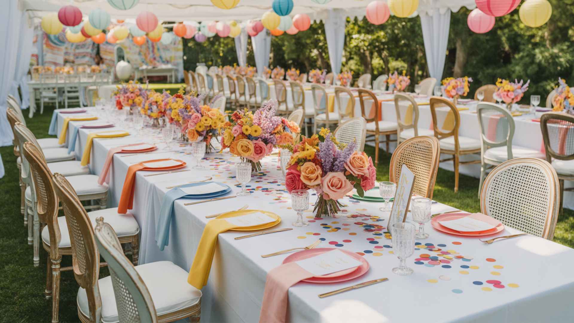 Wedding with bold clashing colors, patterned linens, mismatched chairs, playful décor.