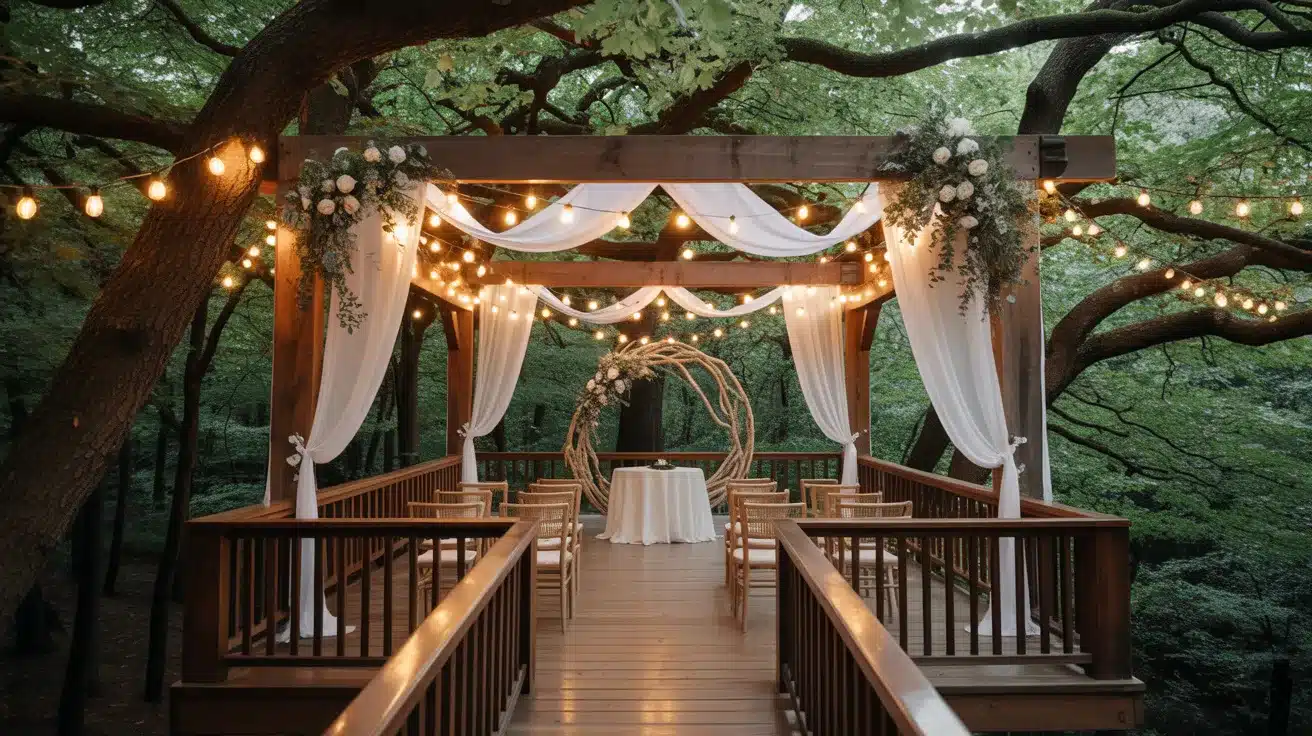Whimsical treehouse nestled among tall forest trees for a small and intimate ceremony.