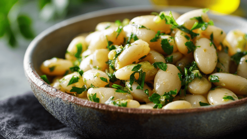 White bean salad with garlic, parsley, and olive oil drizzle