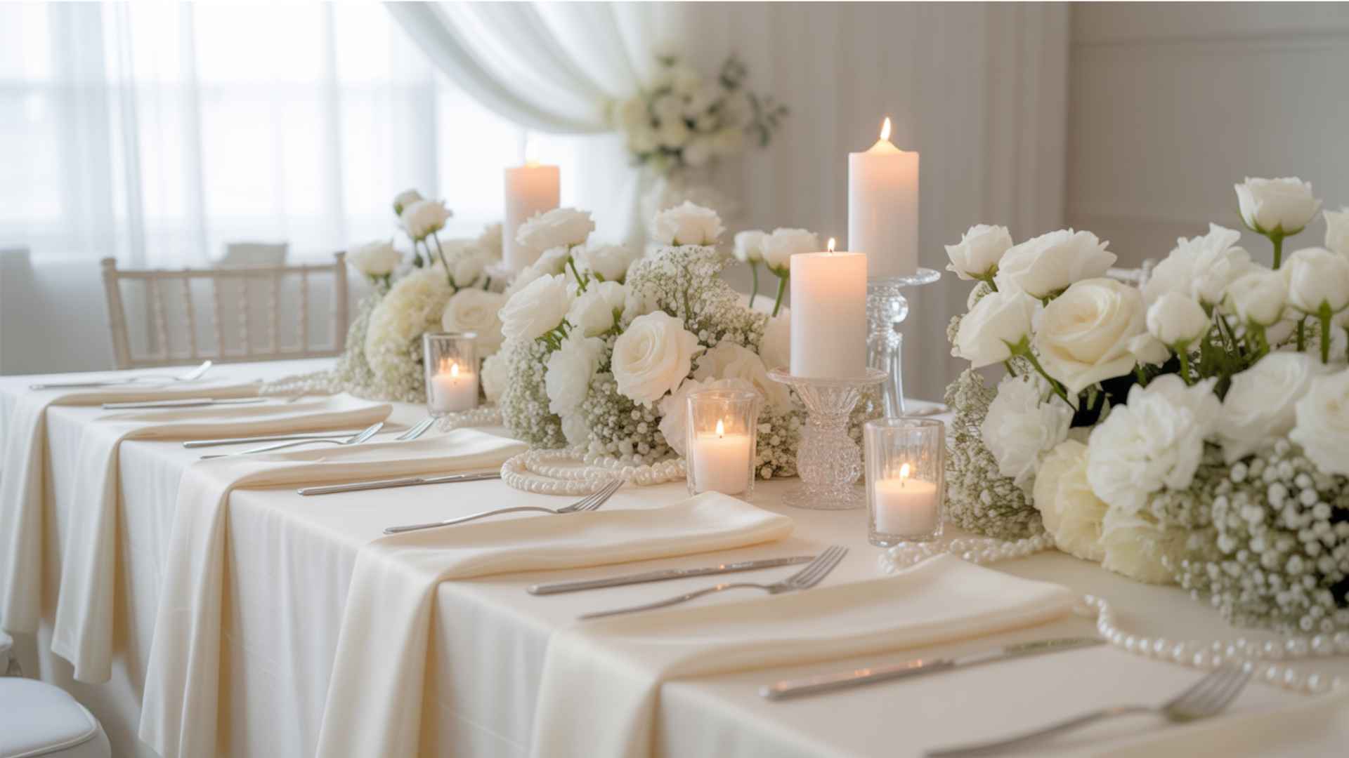 All-white décor with candles, flowers, and soft ivory textures in romantic setting.