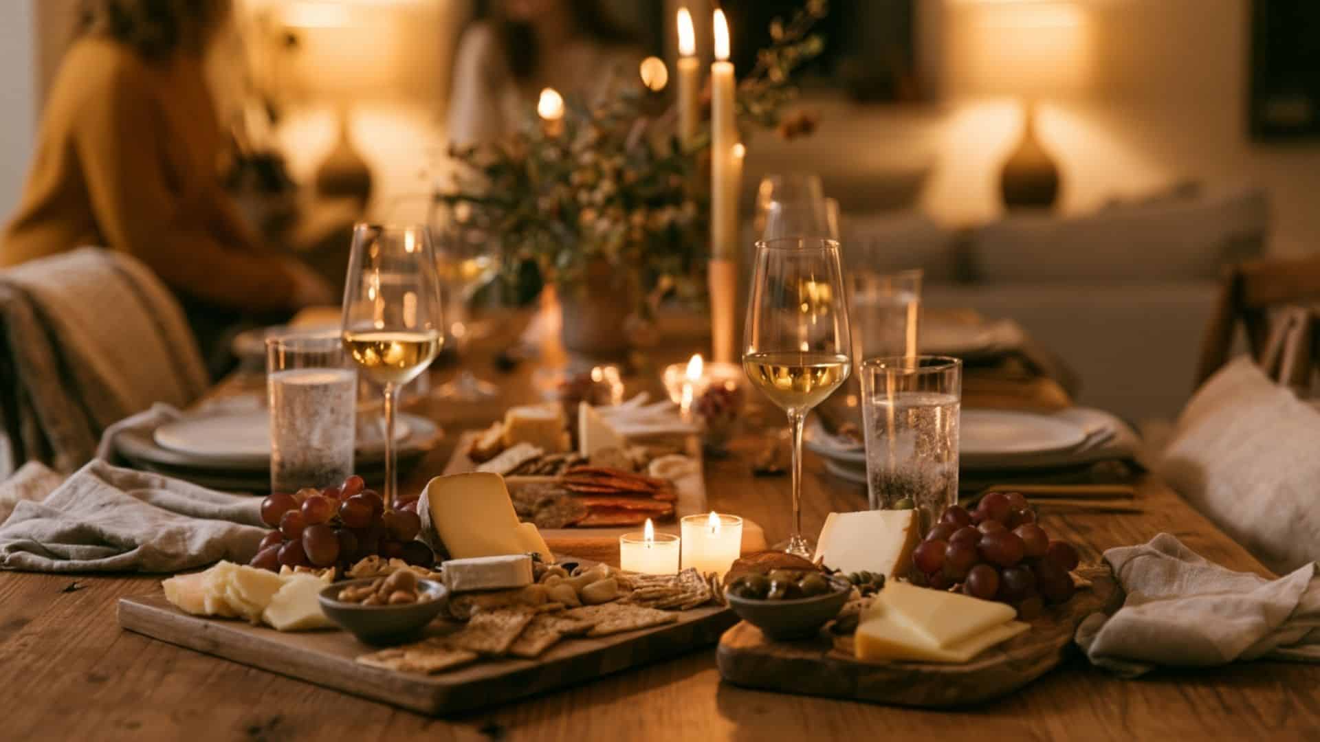 Engagement wine and cheese table with charcuterie boards, wine glasses, candles, and simple floral decor.