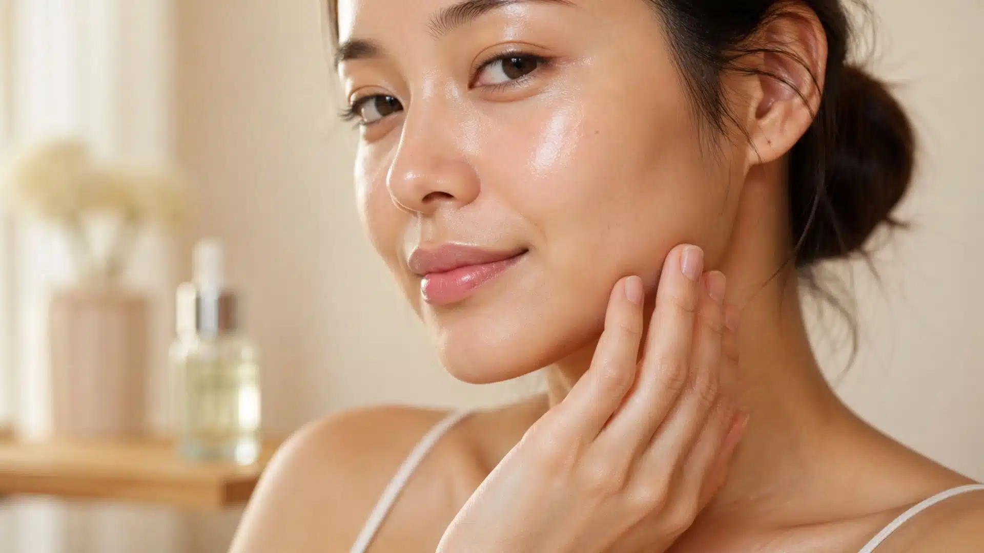 Woman gently touching her cheek with glowing skin, with skincare serum bottles blurred in the background.