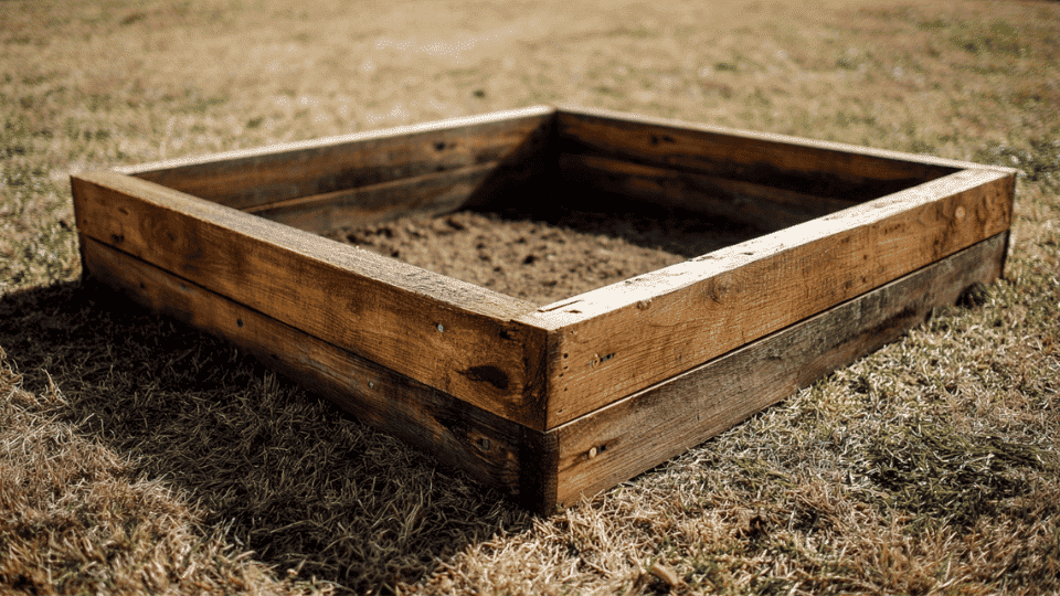 Wooden DIY sandbox frame assembled from four boards with screws securing each corner.