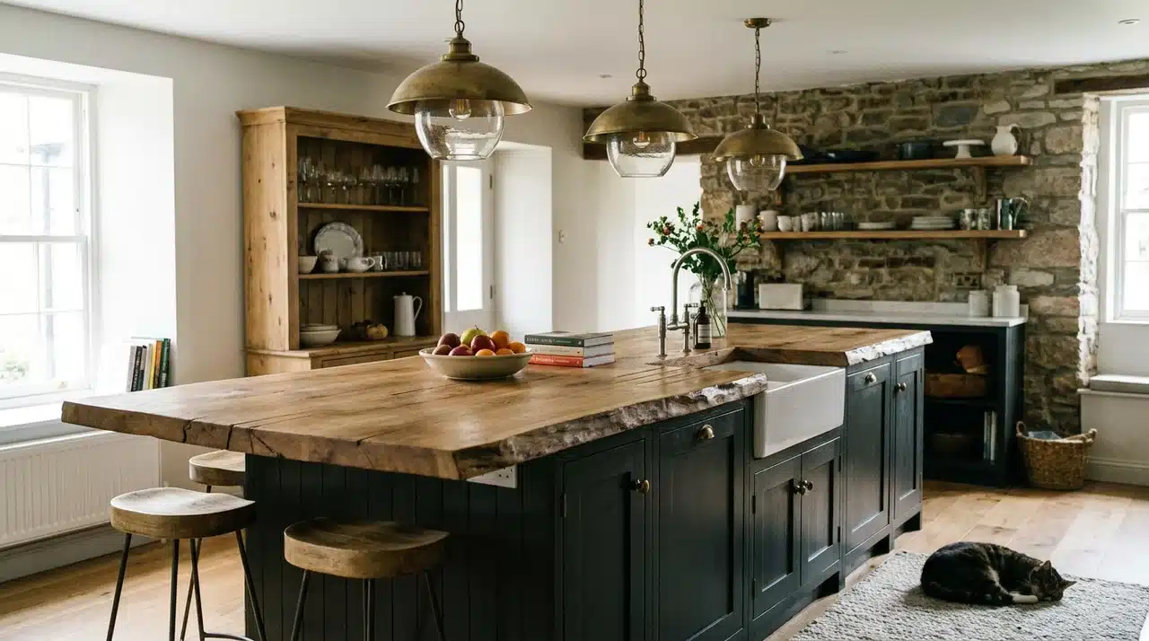 Farmhouse kitchen with thick wooden countertops, dark cabinetry, stone walls, pendant lighting, and a large island.