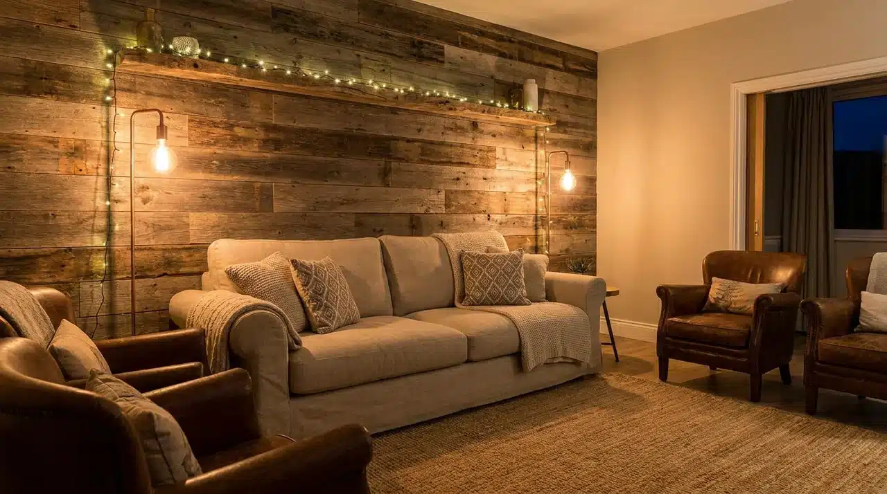 Rustic living room with reclaimed wood accent wall, neutral sofa, leather chairs, warm lighting, and woven area rug.